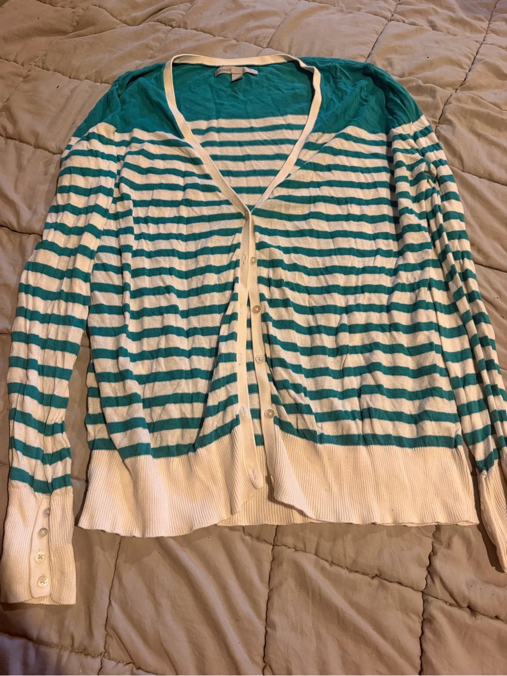 Old Navy Teal and White Striped V-Neck Button Front Cardigan